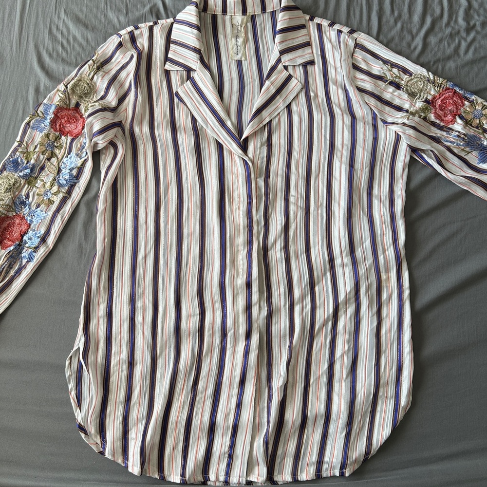 Striped Floral Embroidered Button-Down Shirt
